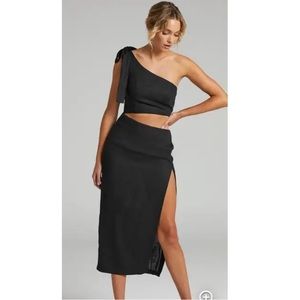 Showpo One Shoulder Black Slit Midi Dress